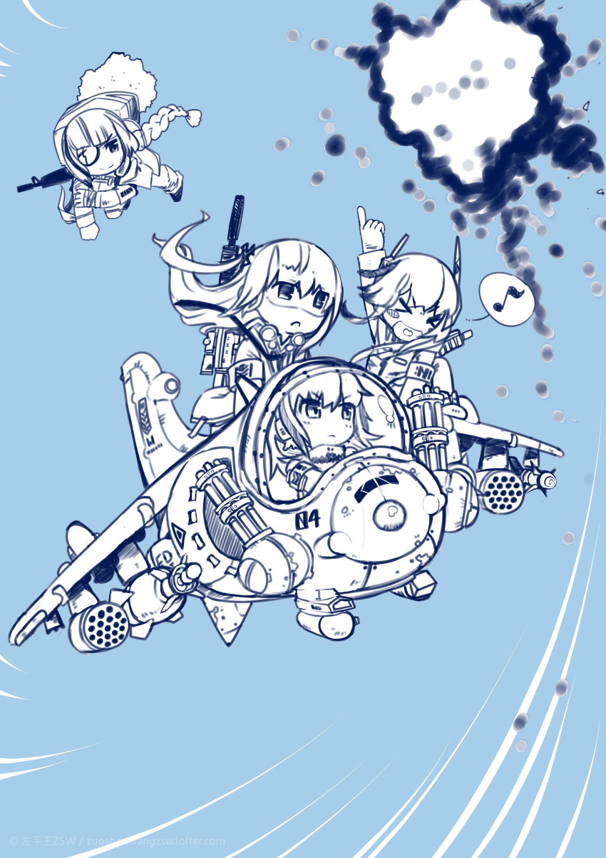 >_<, 4girls, absurdres, anti-rain_(girls_frontline), assault_rifle, chibi, closed_eyes, commentary_request