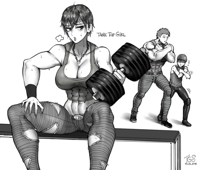 1girl, 2boys, abs, anger_vein, belt_buckle, blush, breasts, buckle