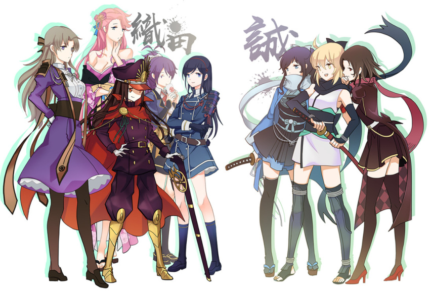 6+girls, ahoge, amazake_(drink), armored_boots, blonde_hair, boots, brown_hair, coattails