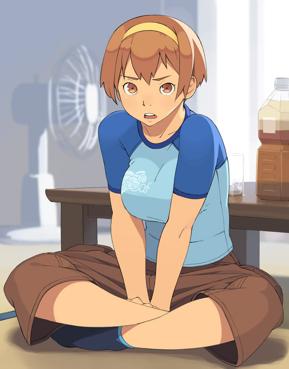 brown_eyes, brown_hair, crossed_legs, drink, electric_fan, glass, go_robots, indian_style