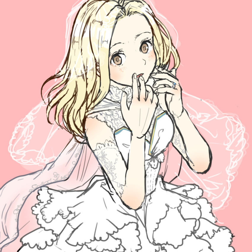 1girl, bare_shoulders, blonde_hair, blush, bouquet, bridal_veil, bride, dress