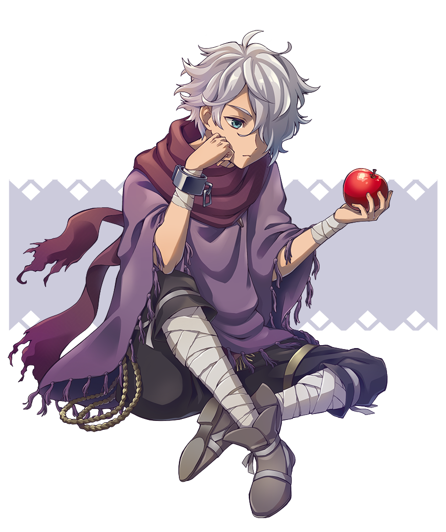 1boy, apple, bandage, food, fruit, gloves, hair_over_one_eye, kina_kirin