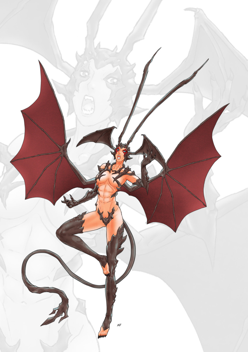 1girl, adi_(adivider), bat_wings, blue_eyes, breasts, claws, demon, demon_girl, demon_horns, demon_tail, demon_wings, devilman, devilman_lady, devilman_lady_(character), fingernails, fudou_jun, head_wings, highres, horns, large_wings, long_fingernails, long_horns, solo, tail, wings, zoom_layer