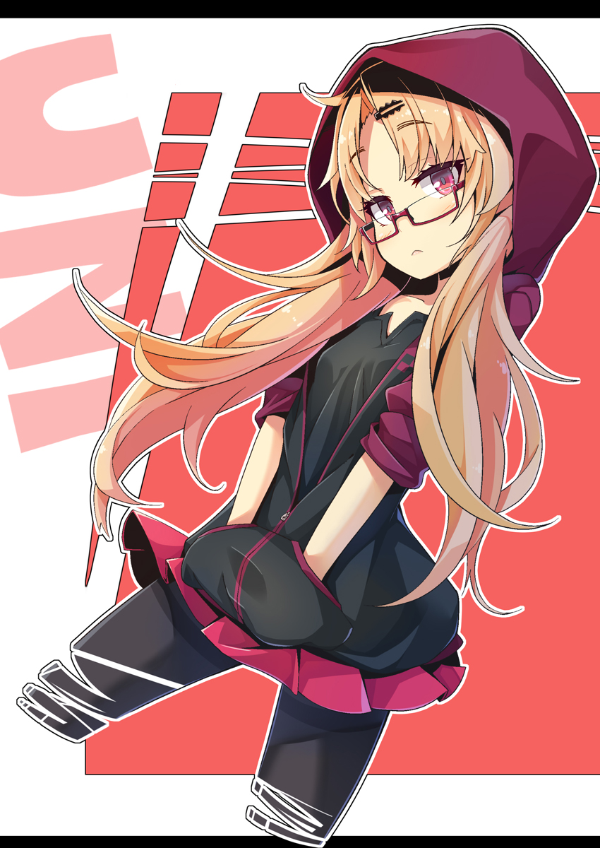 1girl, akatsuki_yuni, bangs, black_jacket, black_legwear, black_shirt, blonde_hair, blush
