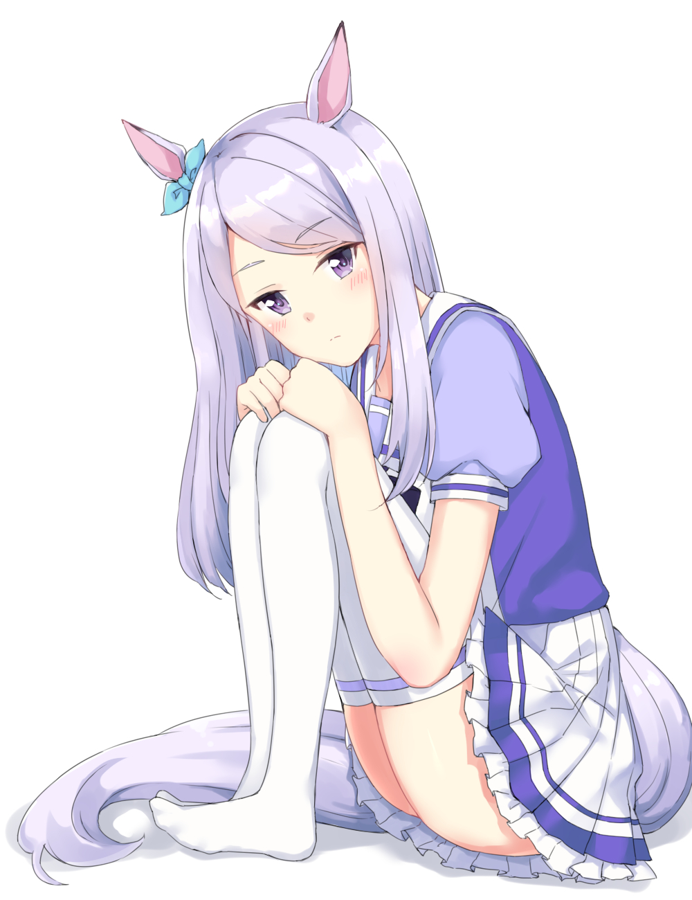 1girl, animal_ears, bangs, blush, closed_mouth, commentary_request, eyebrows_visible_through_hair, full_body, hands_on_own_knees, head_tilt, highres, horse_ears, horse_girl, horse_tail, long_hair, looking_at_viewer, mejiro_mcqueen, no_shoes, pleated_skirt, puffy_short_sleeves, puffy_sleeves, purple_hair, purple_shirt, reina_(leinqchqn), school_uniform, shirt, short_sleeves, sitting, skirt, solo, tail, thigh-highs, umamusume, violet_eyes, white_background, white_legwear, white_skirt