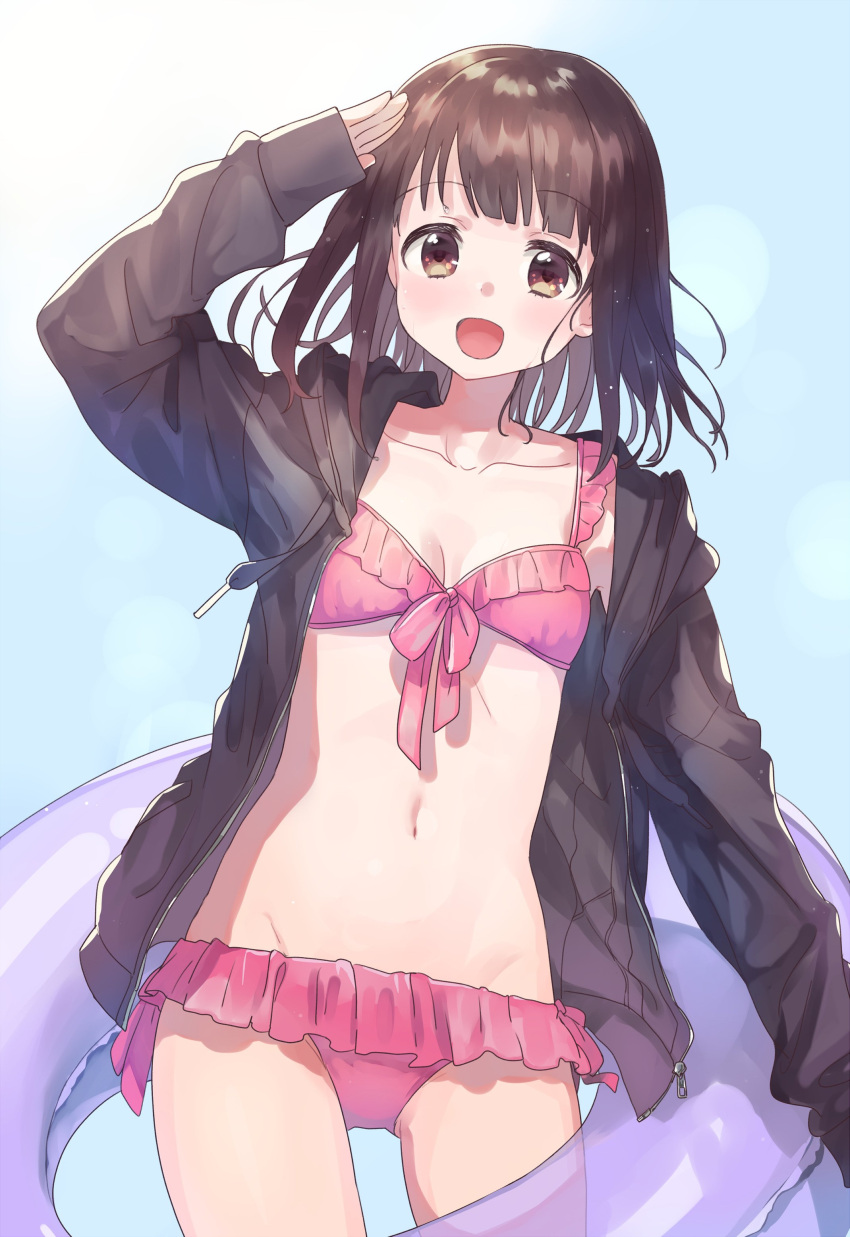 1girl, absurdres, brown_eyes, brown_hair, commentary_request, highres, innertube, looking_at_viewer