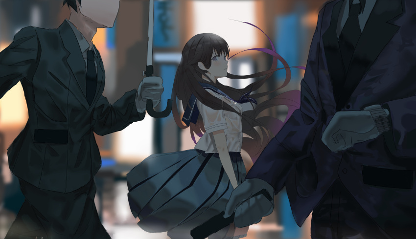 1girl, 2boys, absurdres, bra, brown_hair, formal, highres, la~la
