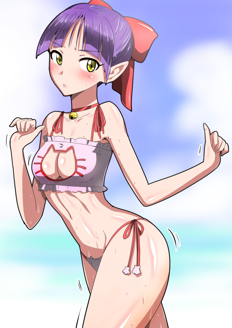 1girl, bell, bell_choker, bell_collar, blue_sky, bow, bra, breasts