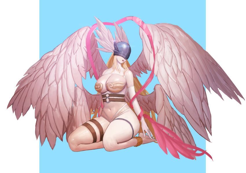 1girl, angel, angel_wings, angewomon, anklet, asymmetrical_clothes, bare_shoulders, belt, blonde_hair, blue_background, breasts, cleavage, covered_eyes, covered_nipples, curvy, detached_collar, detached_sleeves, digimon, dlckdgns851, feathers, head_wings, helmet, highres, jewelry, large_breasts, long_hair, looking_down, multiple_wings, navel, open_mouth, ribbon, seiza, sitting, solo, thick_thighs, thigh_strap, thighs, very_long_hair, wings
