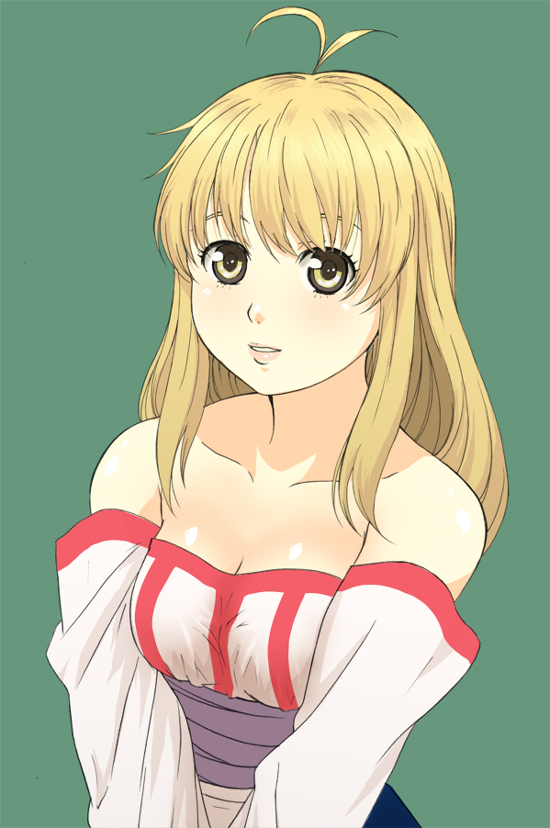 1girl, arc_the_lad, arc_the_lad_ii, bare_shoulders, blonde_hair, breasts, brown_eyes, cleavage