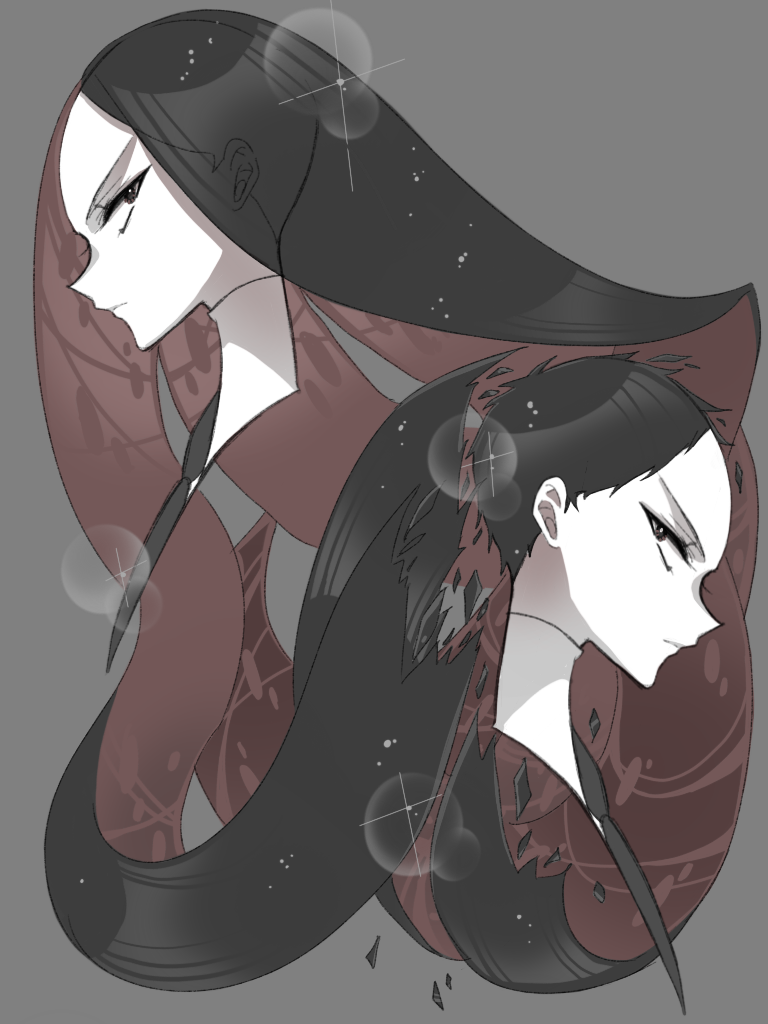 1other, alternate_hair_length, alternate_hairstyle, androgynous, black_eyes, black_hair, bort, crystal_hair