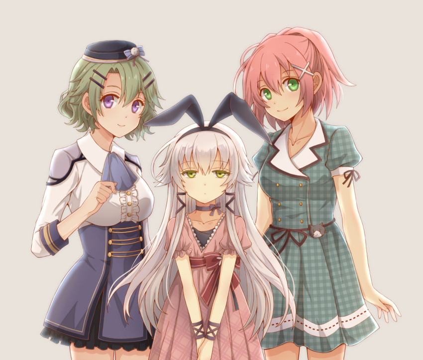 3girls, altina_orion, animal_ears, aono_(aonocrotowa), ascot, asymmetrical_bangs, bangs, breasts