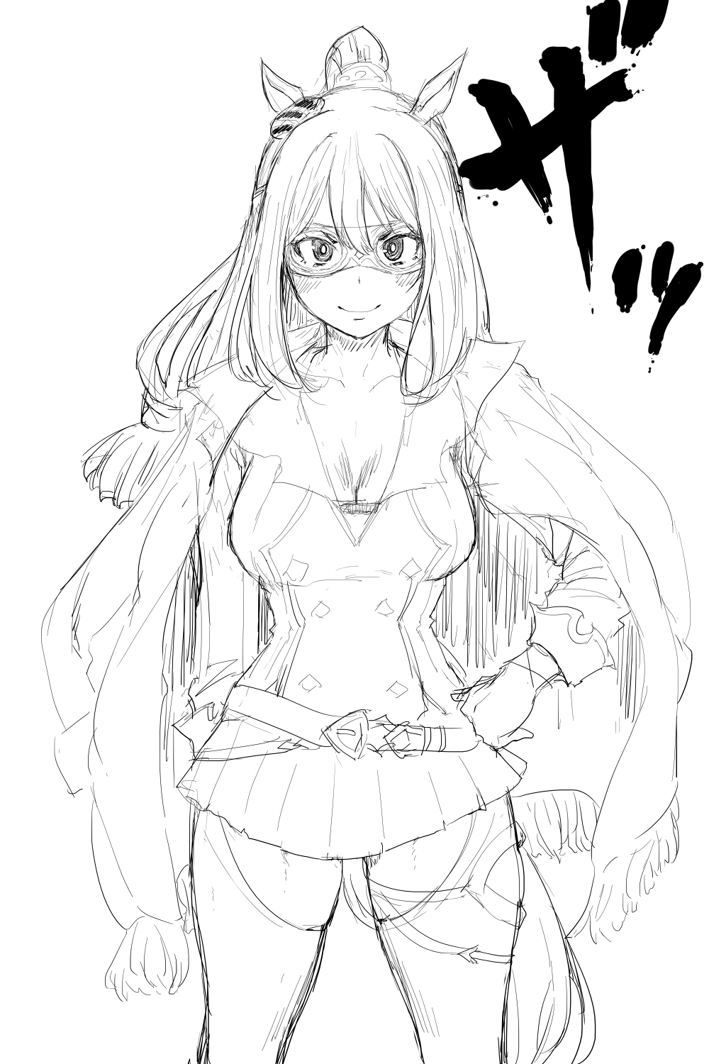 1girl, animal_ears, blush, breasts, cape, cleavage, cowboy_shot, el_condor_pasa