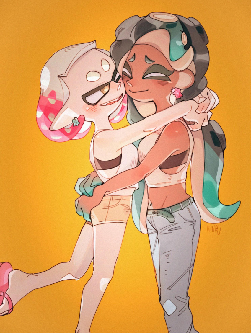 +_+, 2girls, ;d, aqua_hair, aqua_skin, arms_around_neck, ass_grab, bare_legs
