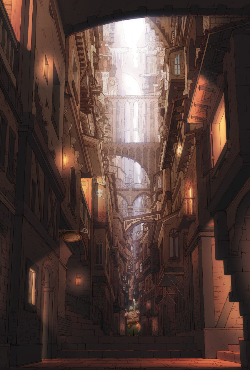 1other, ambiguous_gender, backpack, bag, candle, clock, clock_tower, doorway, facing_away, fantasy, highres, index_finger_raised, outdoors, pointing, pointing_up, scenery, sign, stairs, standing, tower, window, yamada_tokihiko