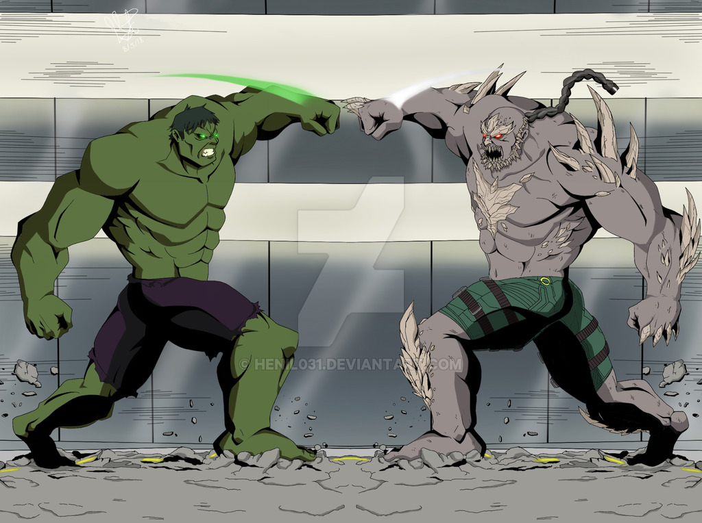 battle, black_hair, character_request, crossover, dc_comics, doomsday_(dc), fighting, giant, glowing, glowing_eyes, green_eyes, green_skin, grey_skin, henil031, hulk, marvel, monster, muscle, red_eyes, spikes, tagme