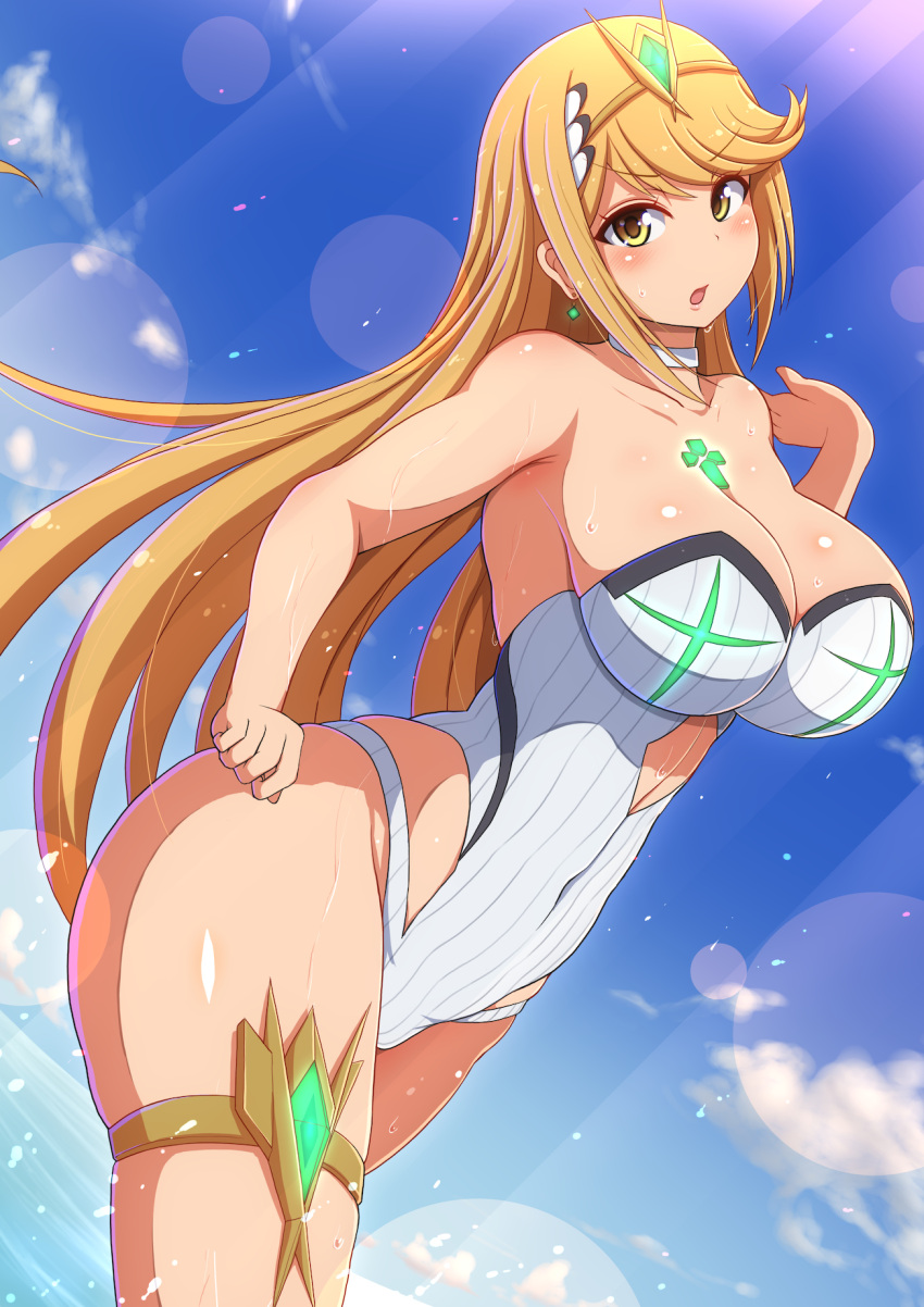 1girl, bangs, bare_arms, bare_shoulders, blonde_hair, blue_sky, blush, breasts, choker, day, earrings, eyebrows_visible_through_hair, highres, mythra_(xenoblade), jewelry, large_breasts, long_hair, midriff, nintendo, one-piece_swimsuit, open_mouth, outdoors, ponpo, skindentation, sky, solo, straight_hair, strapless, strapless_swimsuit, swimsuit, thigh_strap, tiara, v-shaped_eyebrows, very_long_hair, white_choker, white_swimsuit, xenoblade_(series), xenoblade_2, yellow_eyes
