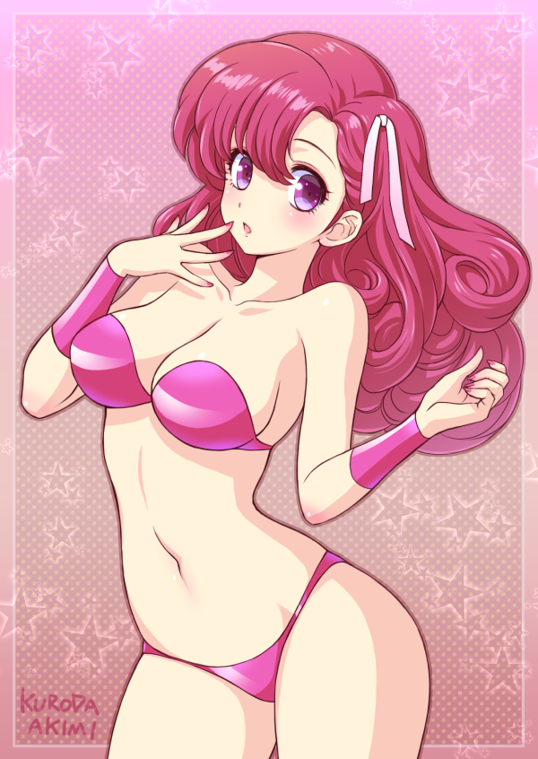 1girl, :o, artist_name, asymmetrical_bangs, bangs, bare_legs, bare_shoulders, bikini