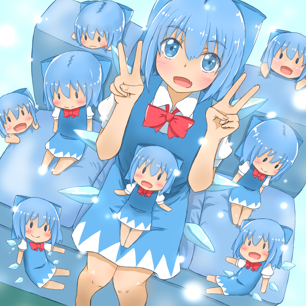 6+girls, :3, arms_up, blue_bow, blue_dress, blue_eyes, blue_hair, blush