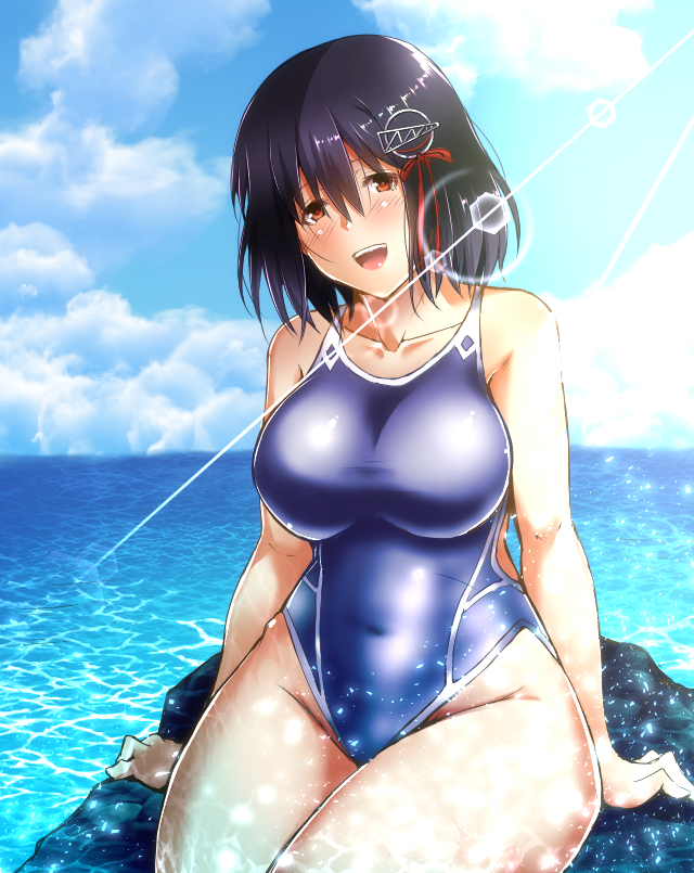 1girl, adapted_costume, beach, black_hair, blue_sky, blush, breasts, brown_eyes, clouds, cloudy_sky, collarbone, competition_swimsuit, haguro_(kantai_collection), hair_between_eyes, hair_ornament, kantai_collection, large_breasts, light_reflection_(water), looking_at_viewer, makka_na_kedamono, ocean, one-piece_swimsuit, open_mouth, purple_swimsuit, rock, short_hair, sitting, sky, solo, sun, sunlight, swimsuit, water, wet