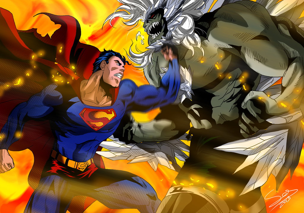 2boys, battle, black_hair, blue_eyes, cape, dc_comics, doomsday_(dc), fighting