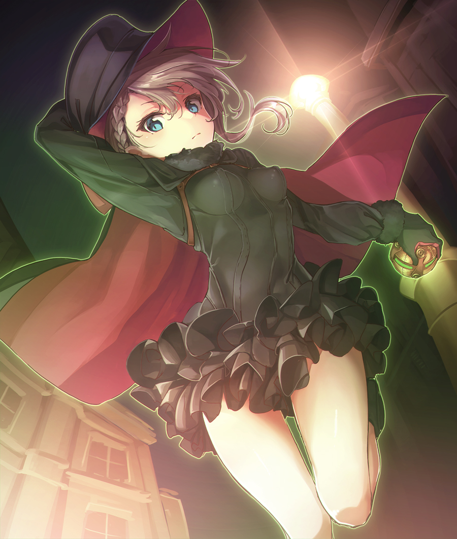 1girl, ange_(princess_principal), arm_up, bangs, black_cape, black_dress, black_footwear, black_gloves, black_hat, blue_eyes, boots, breasts, brown_hair, cape, cavorite_ball, closed_mouth, commentary_request, dress, dutch_angle, eyebrows_visible_through_hair, fur-trimmed_sleeves, fur_trim, gloves, hair_between_eyes, hand_on_headwear, hat, holding, konnyaku_(kk-monmon), long_sleeves, looking_at_viewer, multicolored, multicolored_cape, multicolored_clothes, night, night_sky, outdoors, princess_principal, red_cape, sky, small_breasts, solo, v-shaped_eyebrows