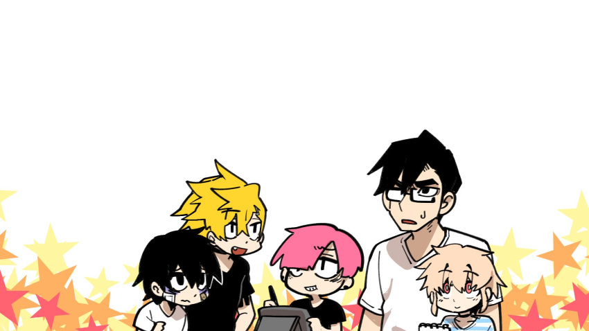 5boys, bags_under_eyes, bandage, bandage_on_face, black_eyes, black_hair, blonde_hair, drawing
