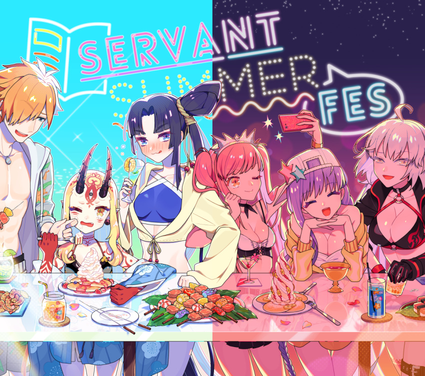1boy, 5girls, alcohol, backwards_hat, bb_(fate)_(all), bb_(swimsuit_mooncancer)_(fate), black_hair, blonde_hair