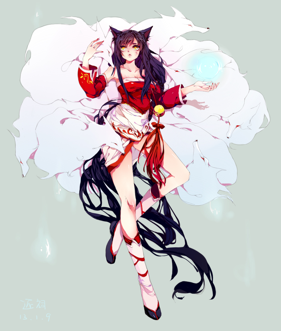 1girl, ahri, animal_ears, black_hair, boots, breasts, detached_sleeves, fox_ears