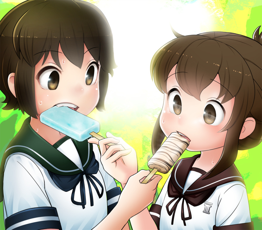 2girls, alternate_costume, blue_neckwear, blue_sailor_collar, brown_eyes, brown_hair, brown_neckerchief, brown_sailor_collar, commentary_request, eating, folded_ponytail, food, highres, inazuma_(kantai_collection), kantai_collection, miyuki_(kantai_collection), mizuki_raika, multiple_girls, neckerchief, popsicle, sailor_collar, school_uniform, serafuku, sharing, sharing_food, short_hair, upper_body