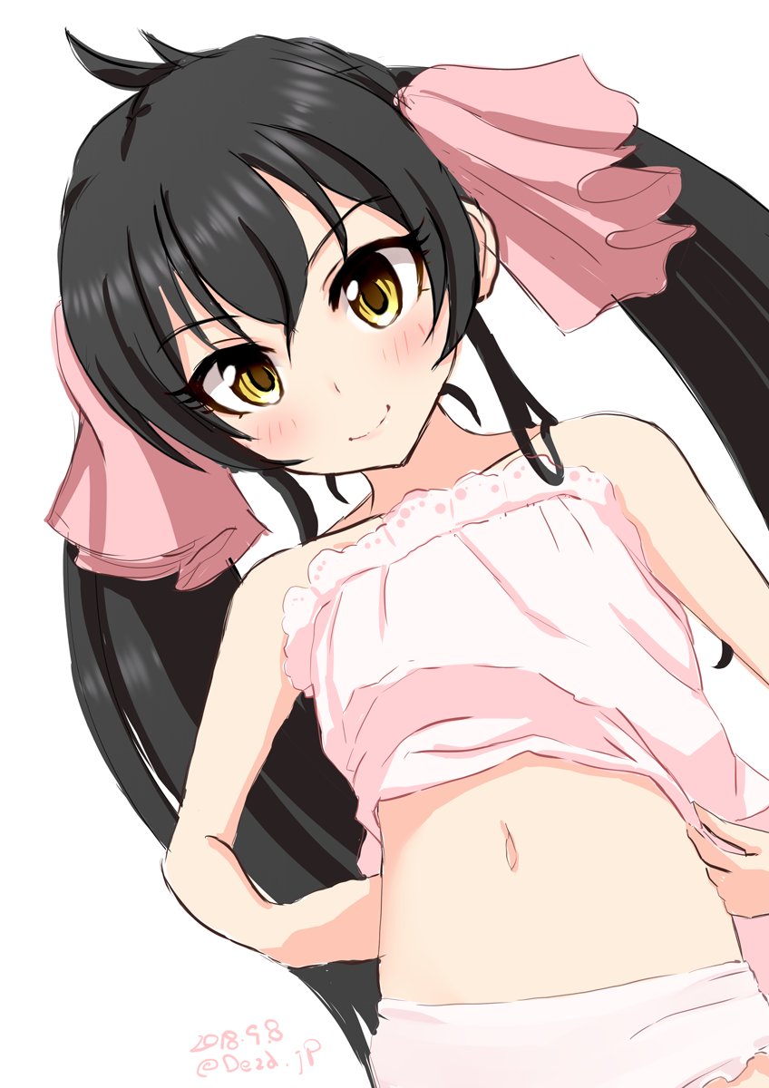 1girl, bangs, black_hair, blush, closed_mouth, deza, hair_ribbon, highres