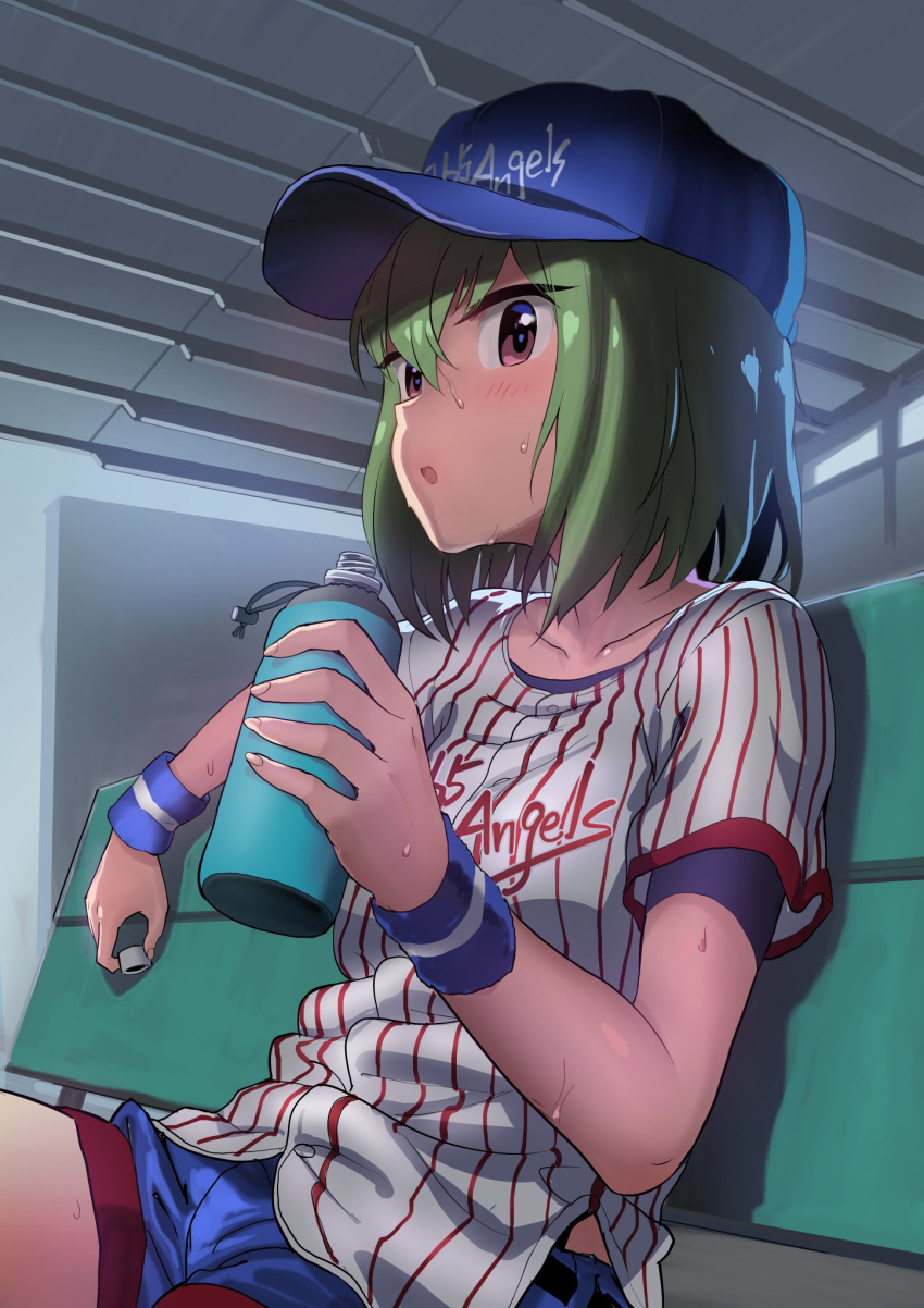 1girl, andou_shuuki, baseball_cap, baseball_uniform, bench, bottle, collarbone, commentary_request