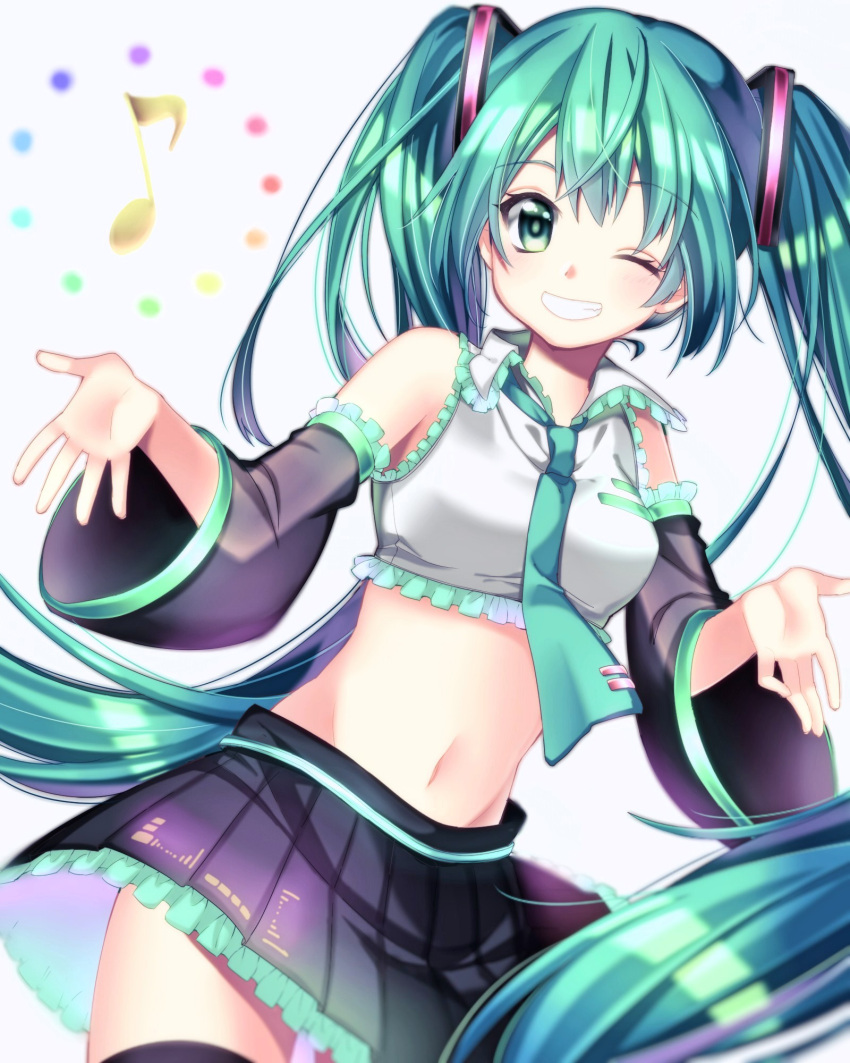 1girl, ;d, black_legwear, black_skirt, crop_top, detached_sleeves, eyebrows_visible_through_hair, floating_hair