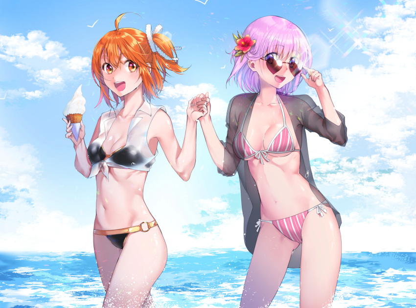 2girls, :d, ahoge, aruze, bikini, black_bikini, blue_sky, breasts