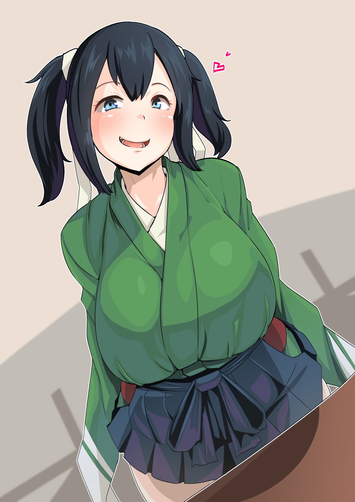 1girl, black_hair, blue_eyes, blush, breasts, commentary_request, fang, green_topwear
