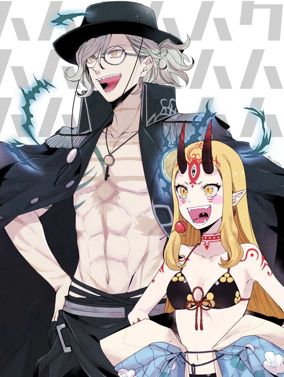 1boy, 1girl, blonde_hair, blush_stickers, candy, edmond_dantes_(fate/grand_order), fangs, fate/grand_order