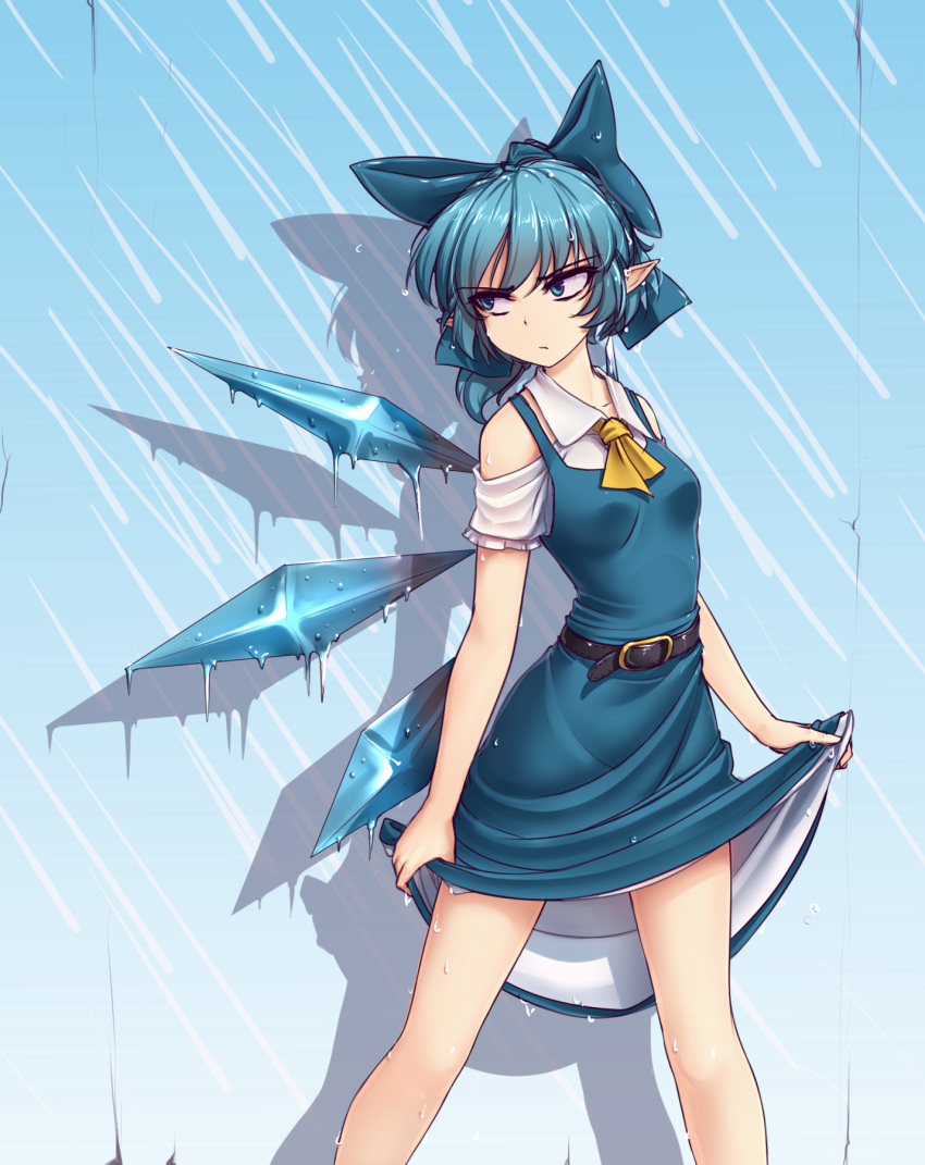 >:(, 1girl, adapted_costume, ascot, bangs, bare_shoulders, belt, blue_bow