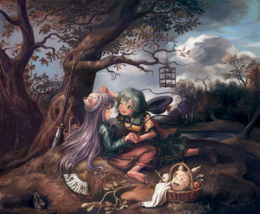 2girls, ;q, amibazh, barefoot, basket, bird, birdcage, black_hat