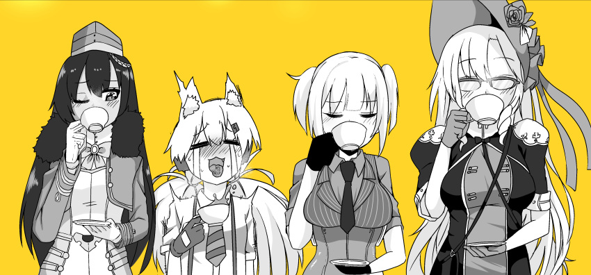 4girls, absurdres, animal_ears, bonnet, bow, bowtie, bren_(girls_frontline), capoki
