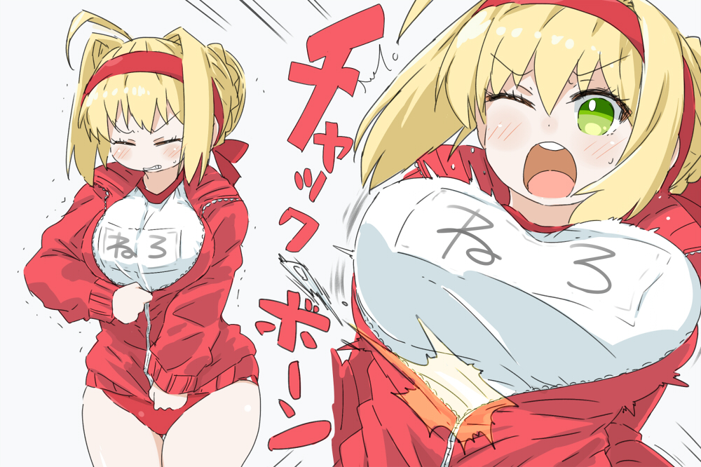 1girl, ;o, ahoge, alternate_hairstyle, bangs, blonde_hair, blush, bouncing_breasts