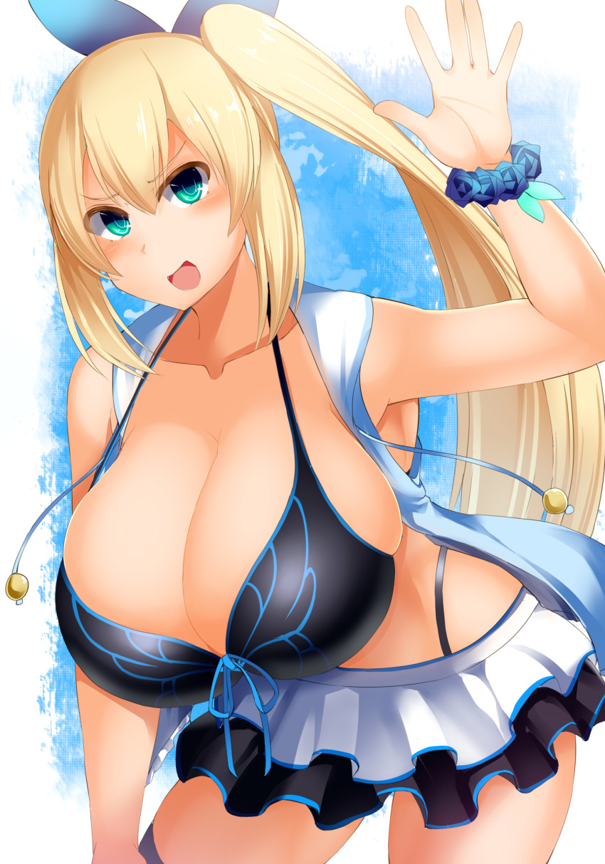 1girl, arm_up, armpits, blonde_hair, bow, breasts, collarbone, facominn, green_eyes, hair_bow, highres, huge_breasts, long_hair, looking_at_viewer, mirai_akari, mirai_akari_project, open_mouth, side_ponytail, skirt, solo, thighs, very_long_hair