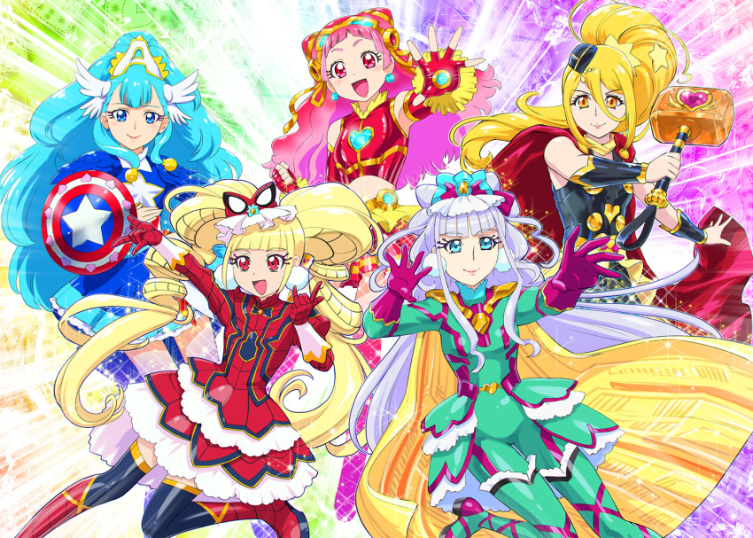 5girls, :d, aisaki_emiru, alternate_eye_color, avengers, avengers:_infinity_war, bangs, blonde_hair