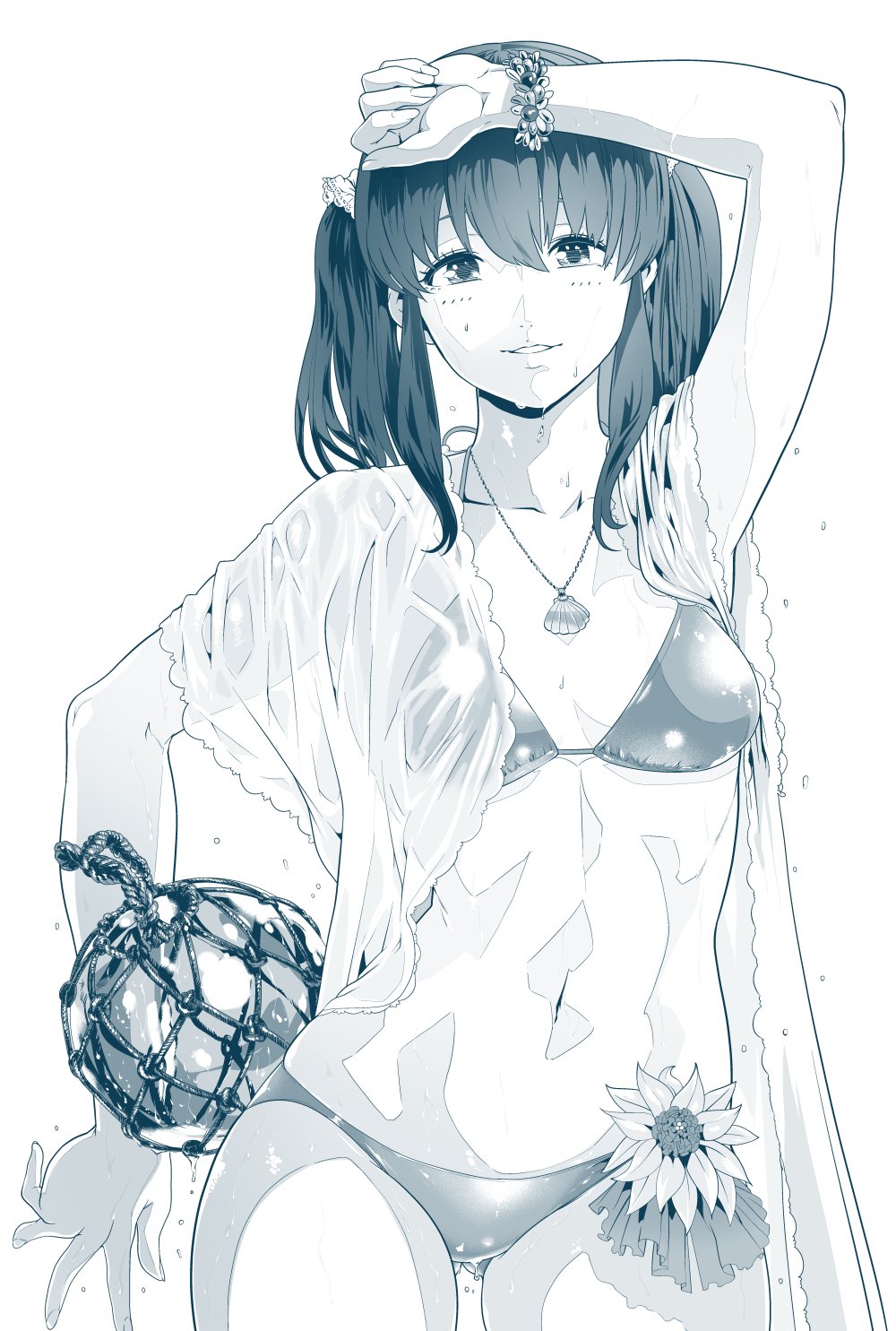 1girl, bangs, bikini, bikini_day, breasts, commentary_request, cowboy_shot, fingernails