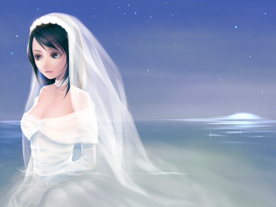 black_hair, blue_eyes, bride, dress, original, wading, water, wedding_dress