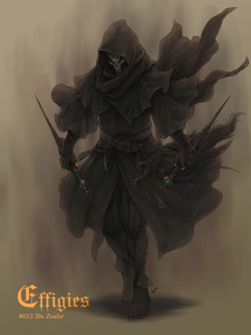 1boy, absurdres, belt, black_clothes, dagger, dual_wielding, fantasy, fingerless_gloves