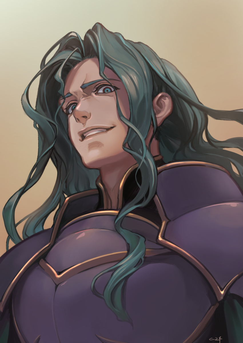 1boy, armor, aureolin31, blue_eyes, brown_background, evil_grin, evil_smile, fire_emblem, fire_emblem:_seima_no_kouseki, forehead, from_below, full_armor, gradient, gradient_background, grey_hair, grin, highres, long_hair, looking_at_viewer, looking_down, male_focus, nintendo, nose, parted_lips, pauldrons, sidelocks, signature, smile, teeth, upper_body, valter, wavy_hair