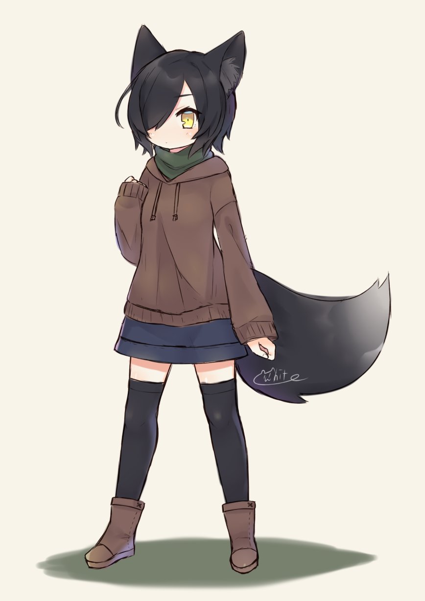 1girl, animal_ear_fluff, animal_ears, black_hair, black_legwear, blue_skirt, boots, brown_footwear