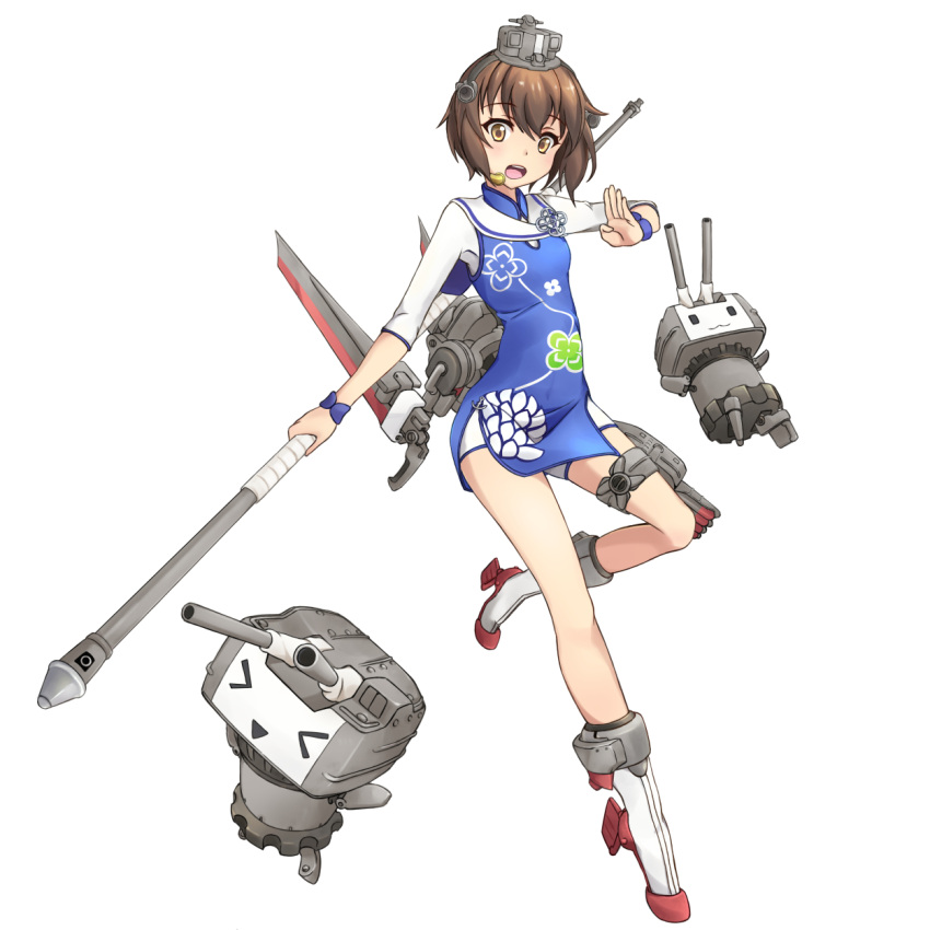 1girl, alternate_costume, anchor, brown_eyes, brown_hair, china_dress, chinese_clothes, dress