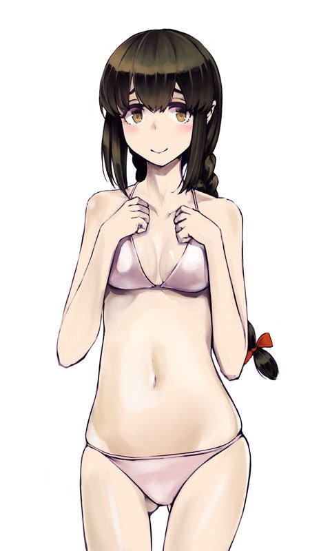 1girl, ass_visible_through_thighs, bikini, black_hair, braid, breasts, brown_eyes, collarbone