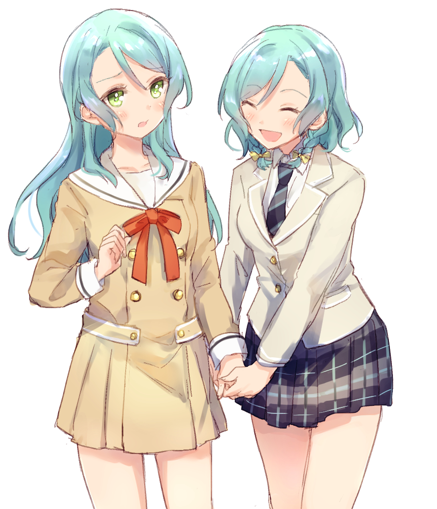 2girls, :d, ^_^, aqua_hair, bang_dream!, blazer, blue_neckwear, blue_skirt, blush, bow, brown_dress, clenched_hand, closed_eyes, closed_eyes, double-breasted, dress, eyebrows_visible_through_hair, green_eyes, grey_jacket, hair_bow, hanasakigawa_school_uniform, hand_holding, hand_up, haneoka_school_uniform, hikawa_hina, hikawa_sayo, jacket, komachi_narota, long_hair, long_sleeves, miniskirt, multiple_girls, open_mouth, plaid, plaid_skirt, pleated_skirt, red_neckwear, sailor_collar, sailor_dress, school_uniform, short_hair, siblings, side_braids, simple_background, sisters, skirt, smile, striped_neckwear, twins, white_background, white_sailor_collar, yellow_bow